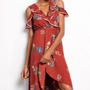 June & Hudson floral dress size 1 rust cold shoulder ruffles faux wrap NWT